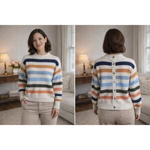 Vintage Y2K St Johns Bay Stripe Knit Cardigan Back Button Petite Large Cozy